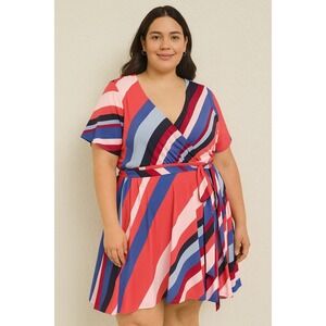 Lane Bryant Plus Size 22/24P Red Blue Striped Tie Waist Midi Dress